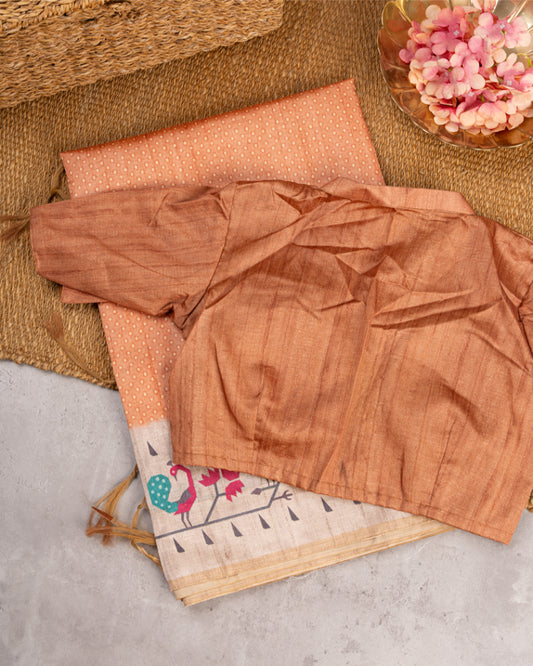 Brick Orange Semi Tassar Silk Saree with Paithani Brocade printed Borders & Pallu | Blouse Size 38-44” | Free Shipping