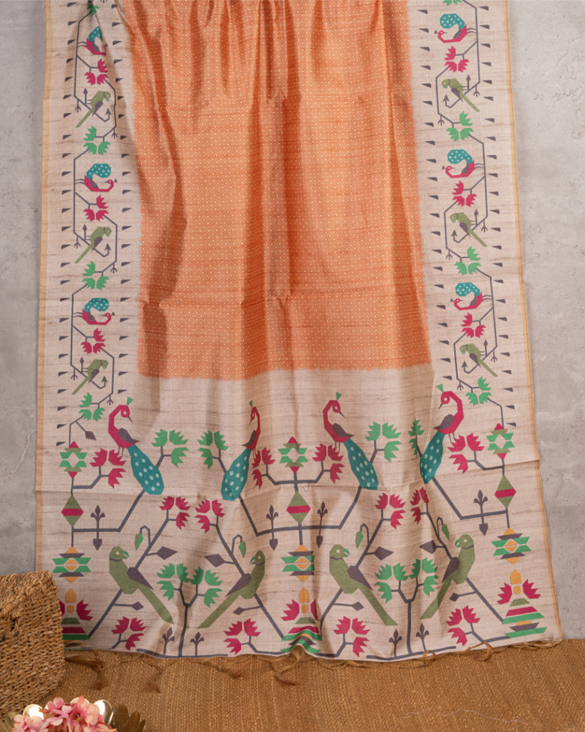 Brick Orange Semi Tassar Silk Saree with Paithani Brocade printed Borders & Pallu | Blouse Size 38-44” | Free Shipping