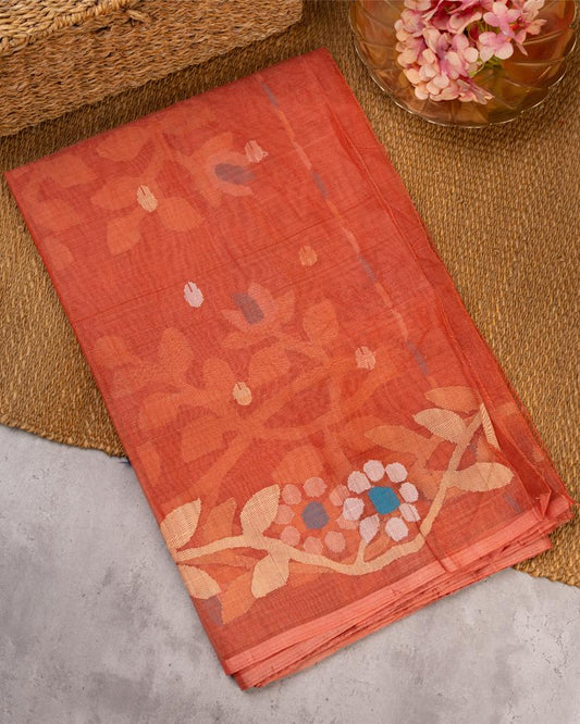 Brick Red Pure Muslin Silk Saree with Handwoven Jamdhani Floral Patterns & Blue Machine Embroidered Blouse | Blouse Size 38-44” | Free Shipping