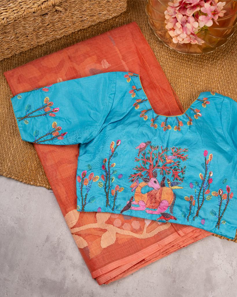Brick Red Pure Muslin Silk Saree with Handwoven Jamdhani Floral Patterns & Blue Machine Embroidered Blouse | Blouse Size 38-44” | Free Shipping