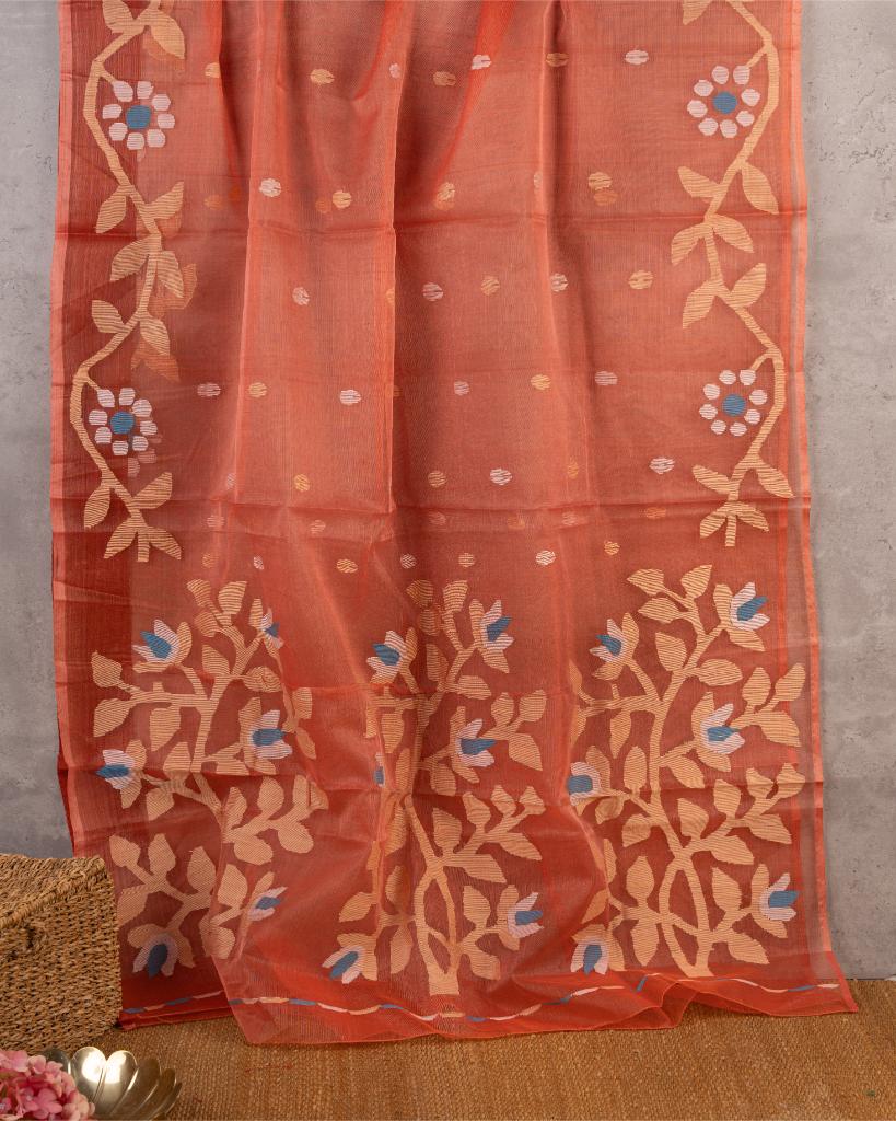 Brick Red Pure Muslin Silk Saree with Handwoven Jamdhani Floral Patterns & Blue Machine Embroidered Blouse | Blouse Size 38-44” | Free Shipping