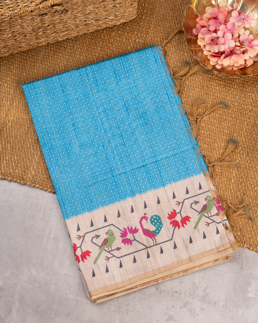 Bright Blue Tassar Silk Saree with Paithani Brocade printed Borders & Pallu | Blouse Size 38-44” | Free Shipping