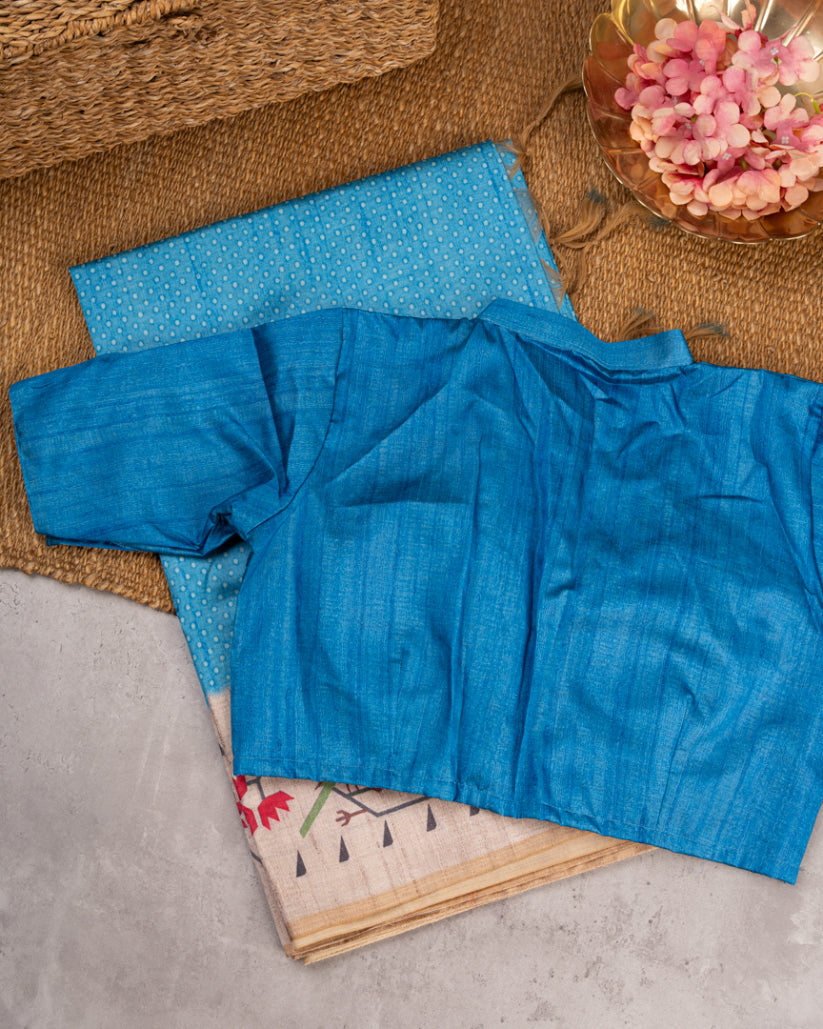 Bright Blue Tassar Silk Saree with Paithani Brocade printed Borders & Pallu | Blouse Size 38-44” | Free Shipping