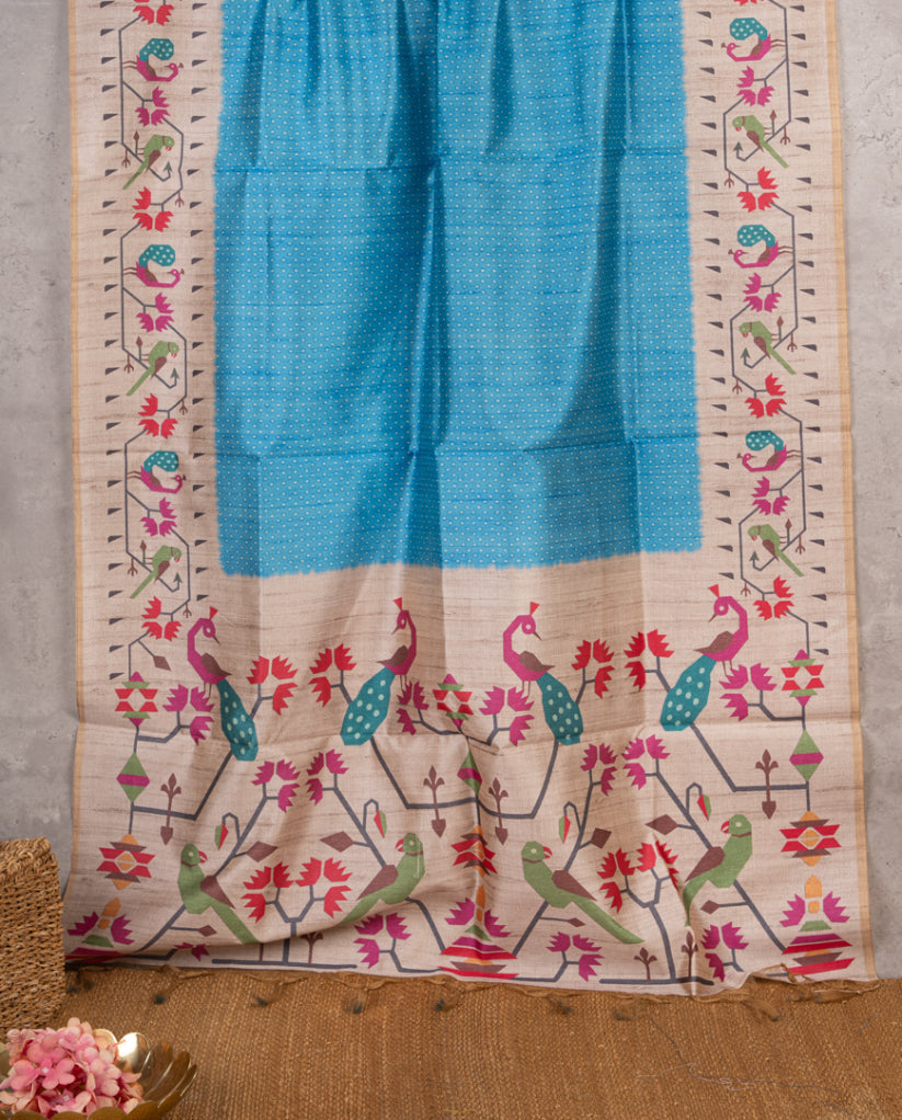 Bright Blue Tassar Silk Saree with Paithani Brocade printed Borders & Pallu | Blouse Size 38-44” | Free Shipping