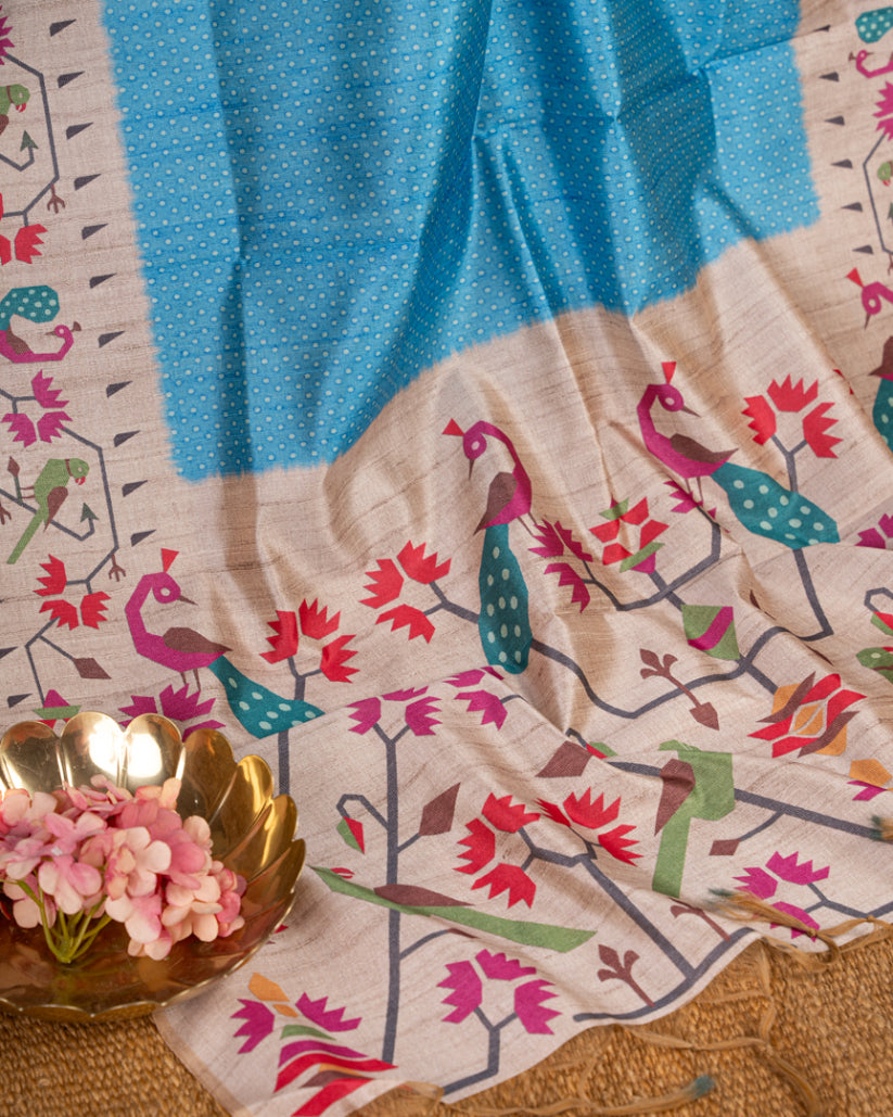 Bright Blue Tassar Silk Saree with Paithani Brocade printed Borders & Pallu | Blouse Size 38-44” | Free Shipping