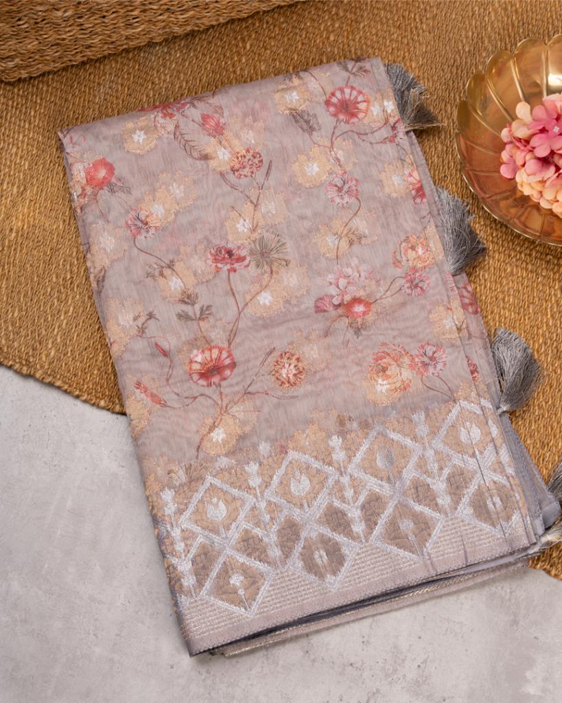 Brownish Grey Chanderi Floral Printed Saree with Pattern Blouse | Blouse Size 38-44” | Free Shipping