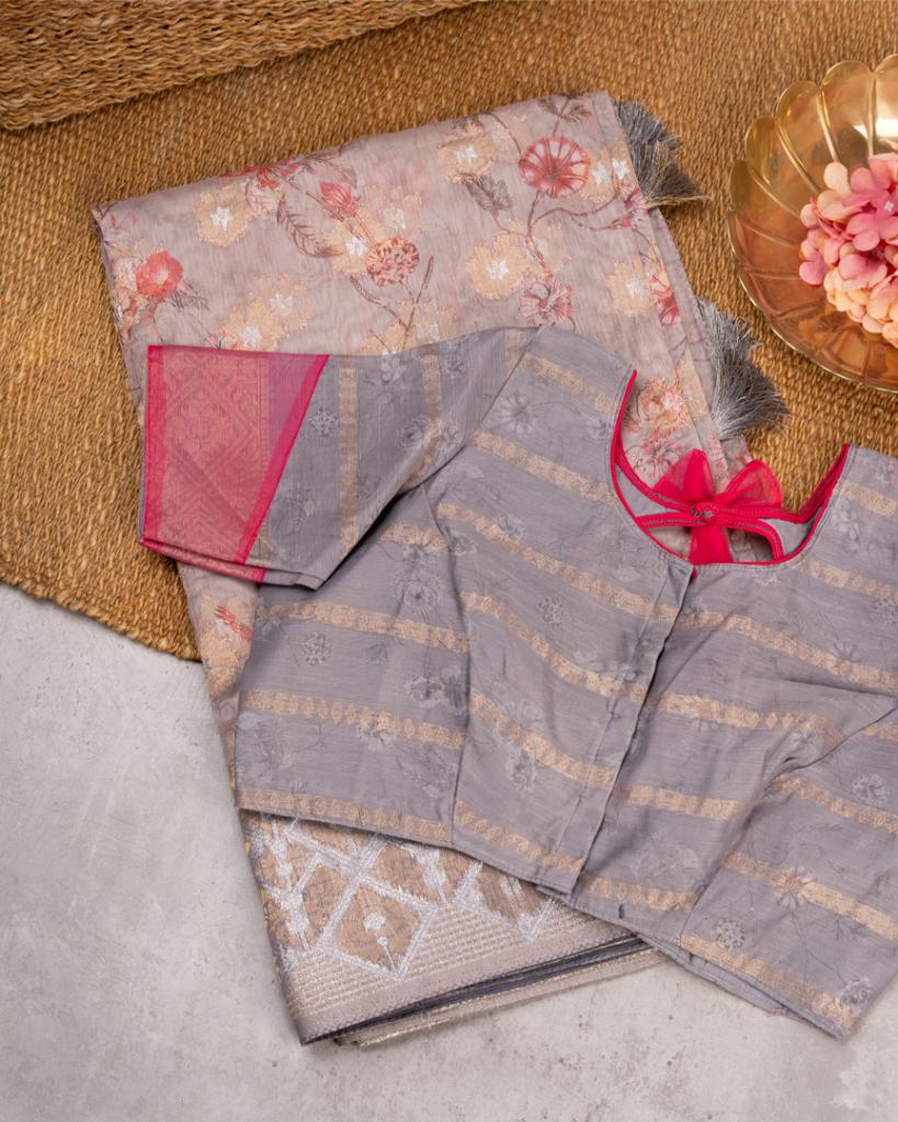 Brownish Grey Chanderi Floral Printed Saree with Pattern Blouse | Blouse Size 38-44” | Free Shipping