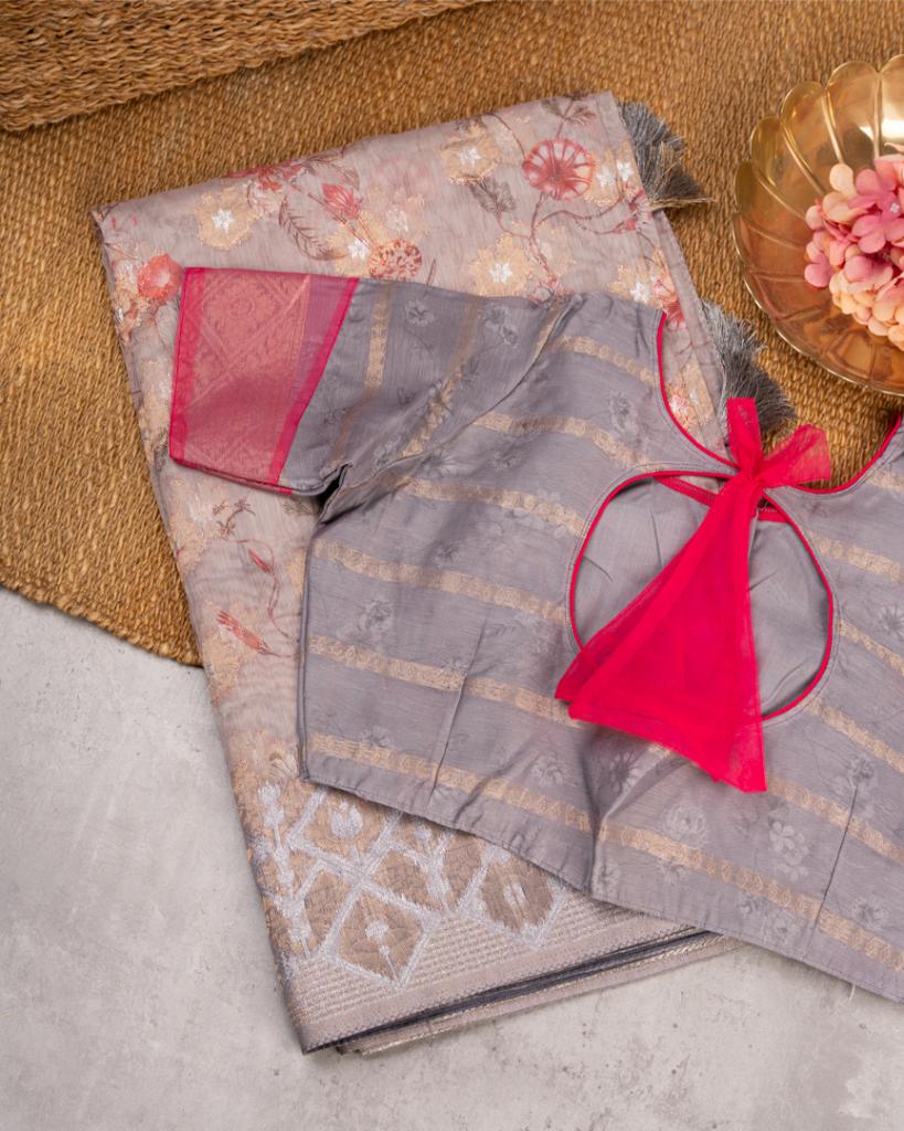 Brownish Grey Chanderi Floral Printed Saree with Pattern Blouse | Blouse Size 38-44” | Free Shipping