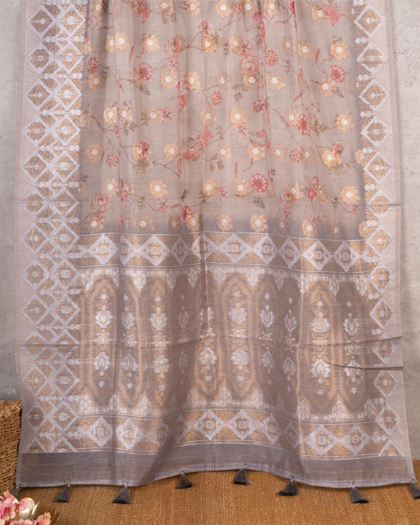 Brownish Grey Chanderi Floral Printed Saree with Pattern Blouse | Blouse Size 38-44” | Free Shipping