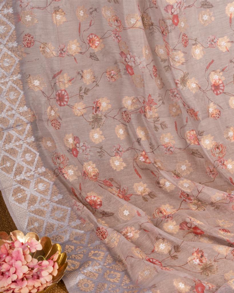 Brownish Grey Chanderi Floral Printed Saree with Pattern Blouse | Blouse Size 38-44” | Free Shipping