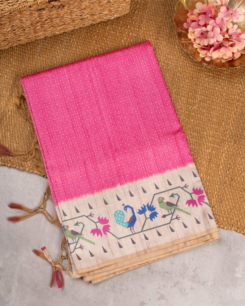Candy Pink Semi Tassar Silk Saree with Paithani Brocade printed Borders & Pallu | Blouse Size 38-44” | Free Shipping