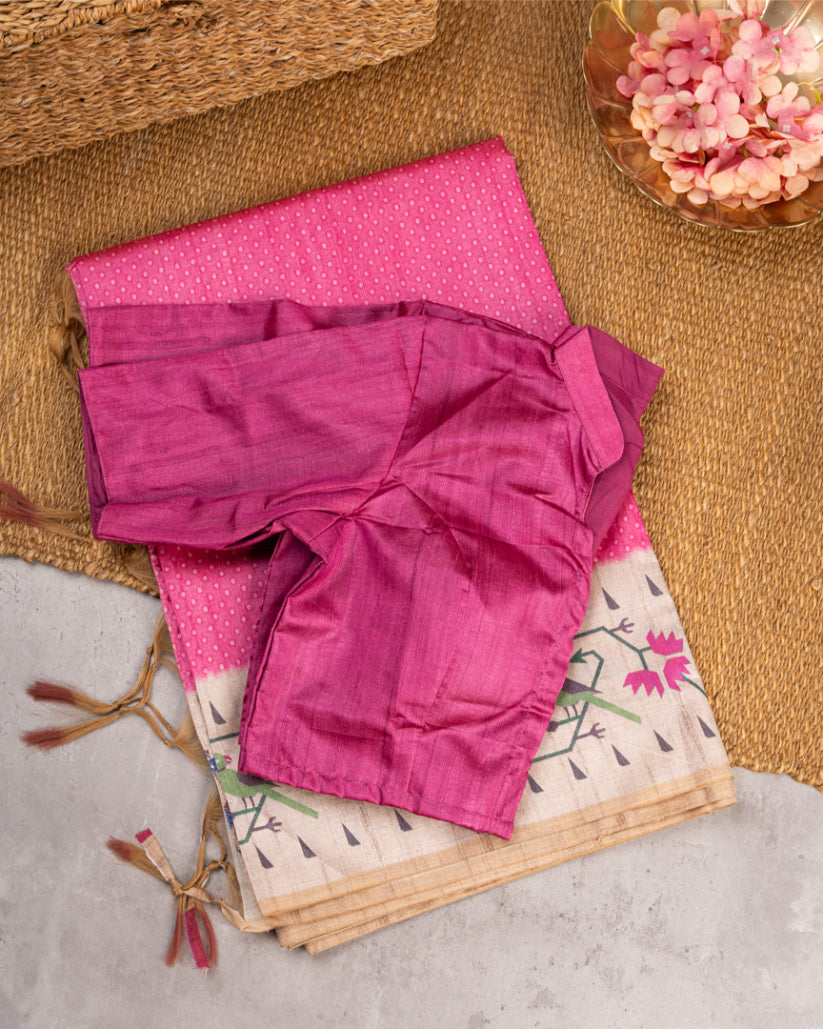 Candy Pink Semi Tassar Silk Saree with Paithani Brocade printed Borders & Pallu | Blouse Size 38-44” | Free Shipping