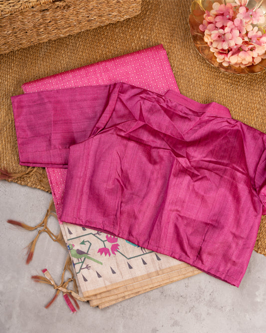 Candy Pink Semi Tassar Silk Saree with Paithani Brocade printed Borders & Pallu | Blouse Size 38-44” | Free Shipping