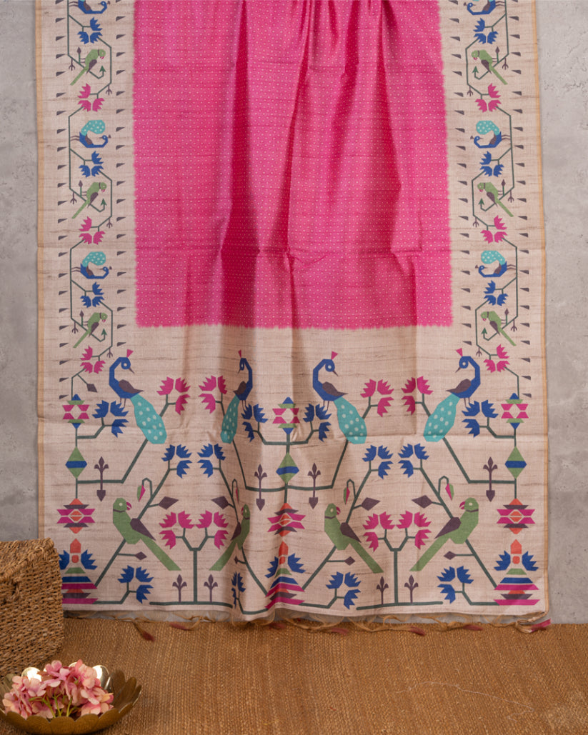 Candy Pink Semi Tassar Silk Saree with Paithani Brocade printed Borders & Pallu | Blouse Size 38-44” | Free Shipping