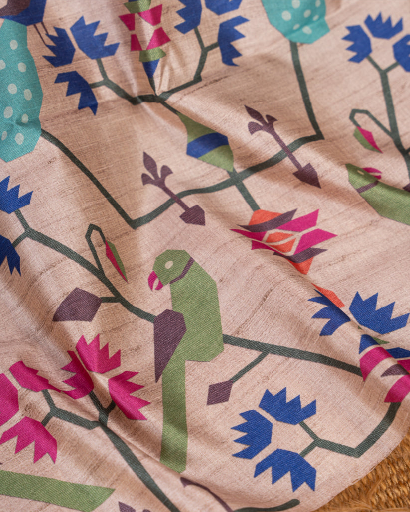 Candy Pink Semi Tassar Silk Saree with Paithani Brocade printed Borders & Pallu | Blouse Size 38-44” | Free Shipping
