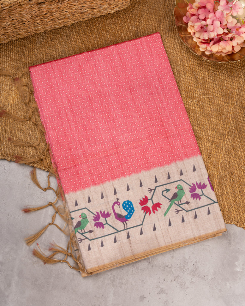 Coral Pink Semi Tassar Silk Saree with Paithani Brocade printed Borders & Beige Pallu | Blouse Size 38-44” | Free Shipping