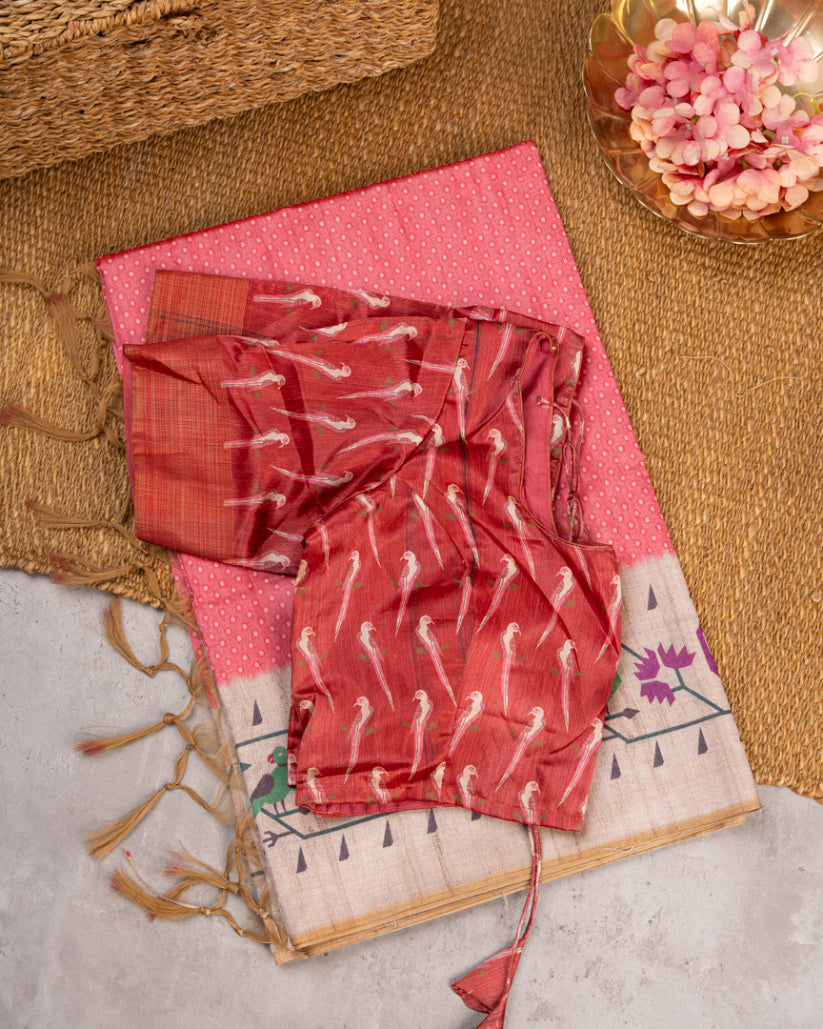 Coral Pink Semi Tassar Silk Saree with Paithani Brocade printed Borders & Beige Pallu | Blouse Size 38-44” | Free Shipping