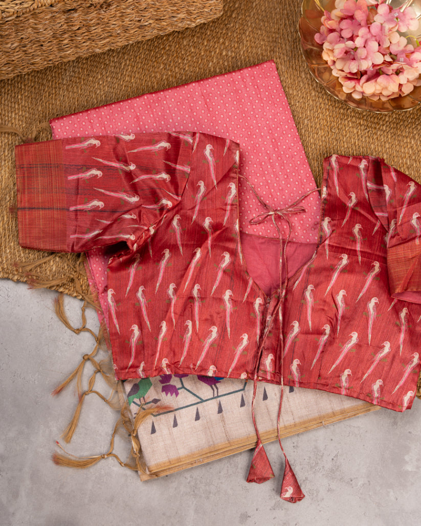 Coral Pink Semi Tassar Silk Saree with Paithani Brocade printed Borders & Beige Pallu | Blouse Size 38-44” | Free Shipping