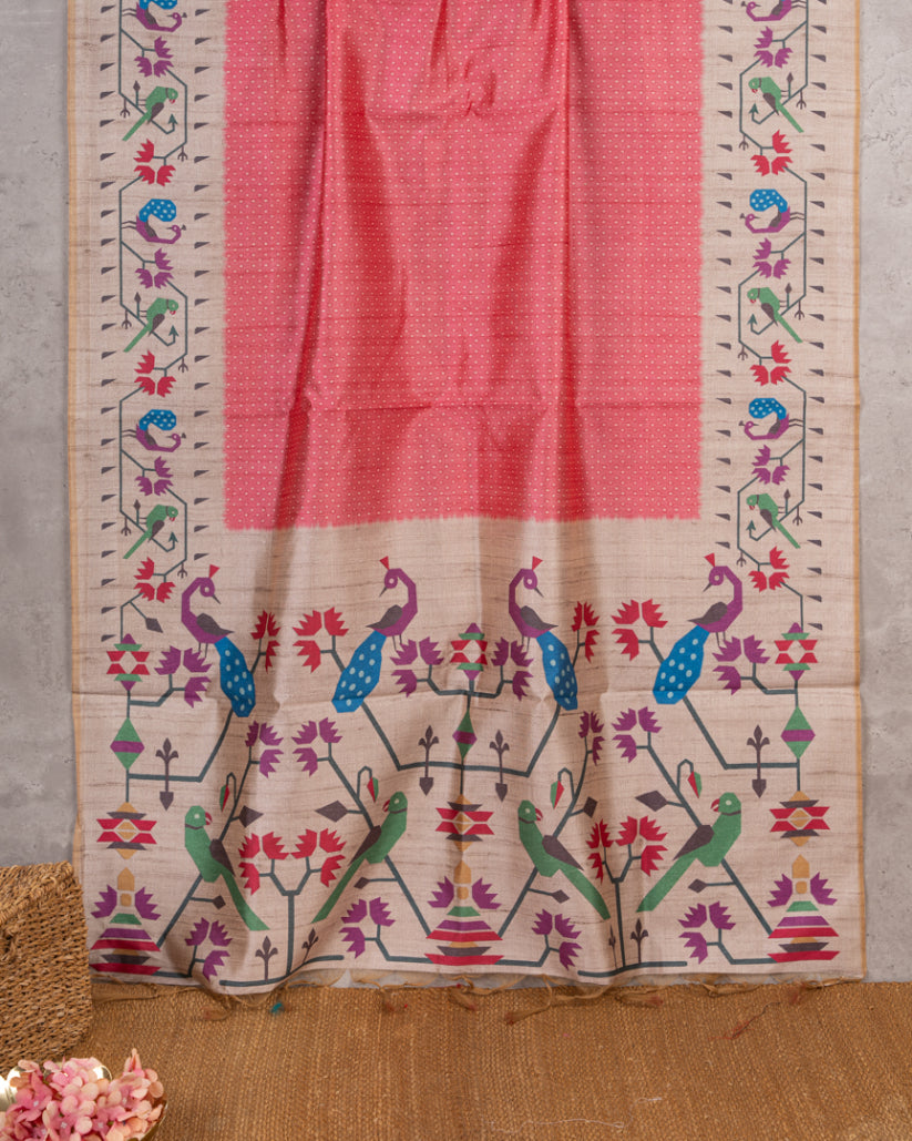 Coral Pink Semi Tassar Silk Saree with Paithani Brocade printed Borders & Beige Pallu | Blouse Size 38-44” | Free Shipping
