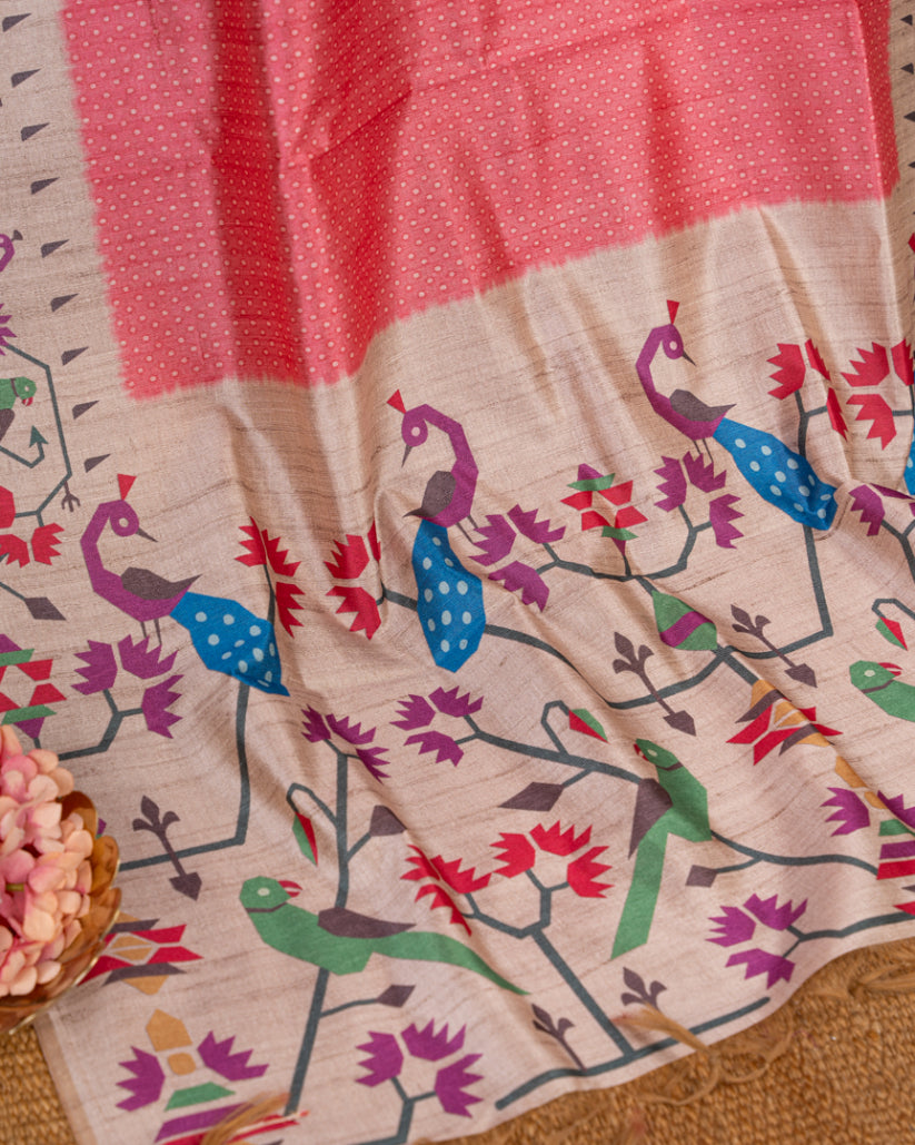 Coral Pink Semi Tassar Silk Saree with Paithani Brocade printed Borders & Beige Pallu | Blouse Size 38-44” | Free Shipping