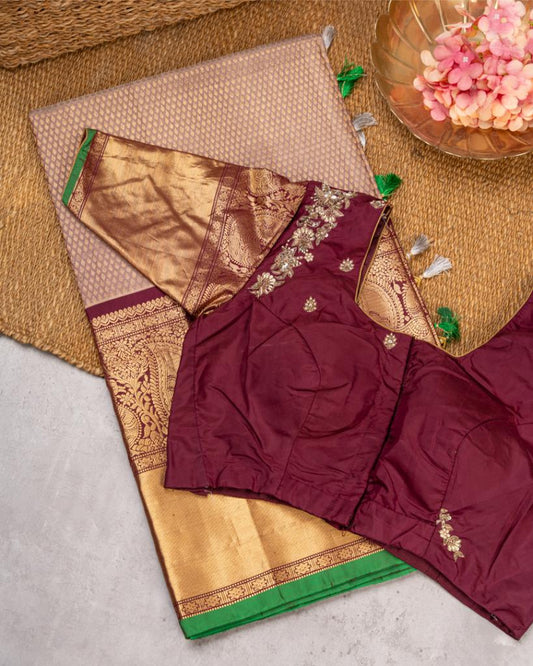 Designer Gadwal Brocade Silk Saree with all over Rain Drop Butties in Biscuit Shade & Contrast Marron Color Borders & Handwork Blouse | Blouse Size 38-44” | Free Shipping