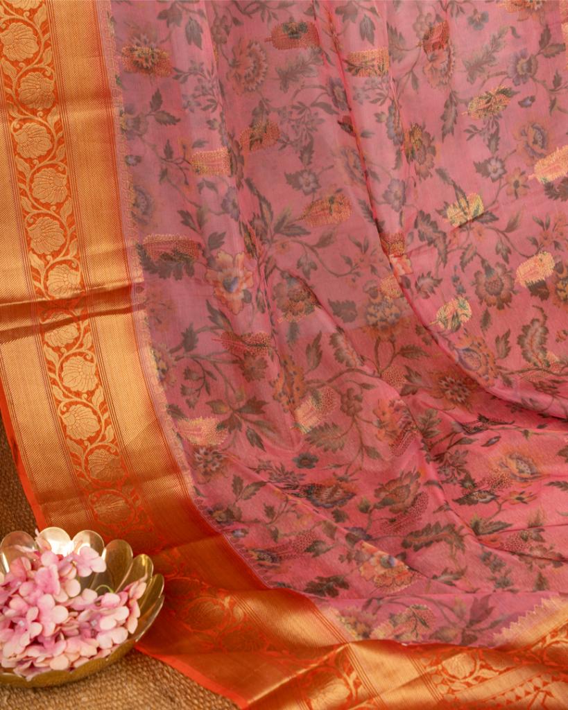 Digital Floral Prints on Pastel Peach Banarasi Kora Silk Saree with Orange Banarasi Borders & Orange Patten Blouse | Blouse Size 38-44” | Free Shipping
