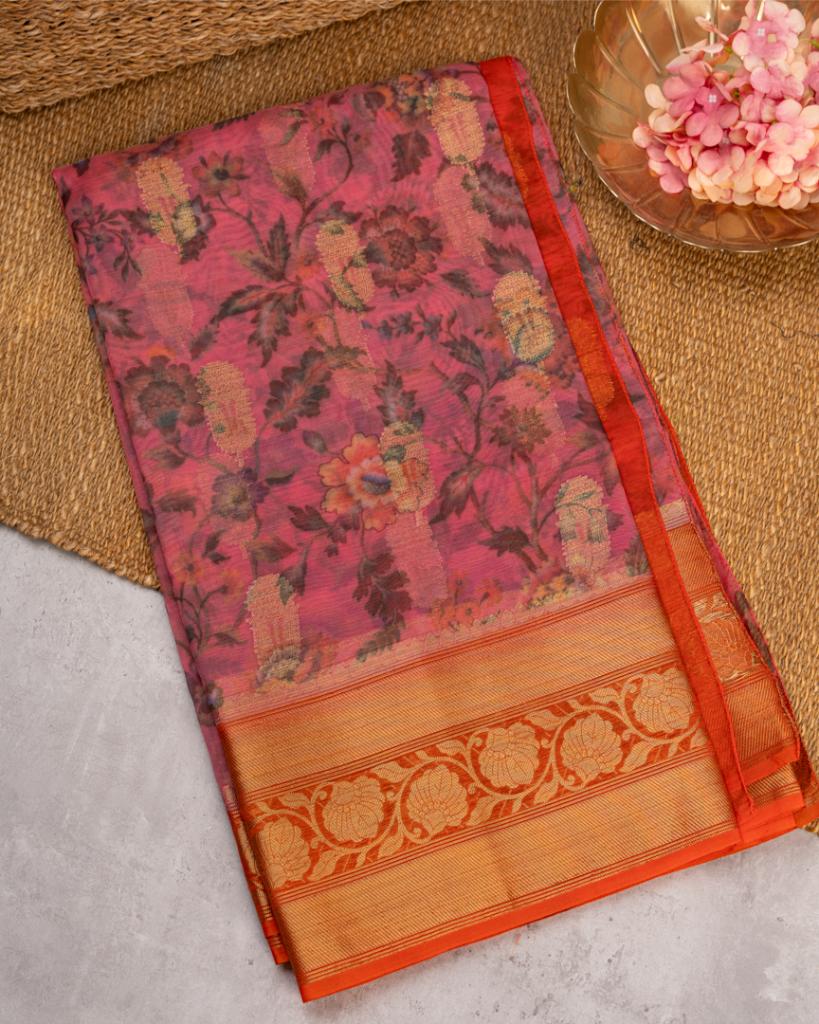 Digital Floral Prints on Pastel Peach Banarasi Kora Silk Saree with Orange Banarasi Borders & Orange Patten Blouse | Blouse Size 38-44” | Free Shipping