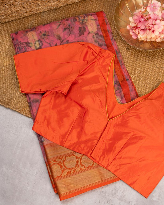 Digital Floral Prints on Pastel Peach Banarasi Kora Silk Saree with Orange Banarasi Borders & Orange Patten Blouse | Blouse Size 38-44” | Free Shipping