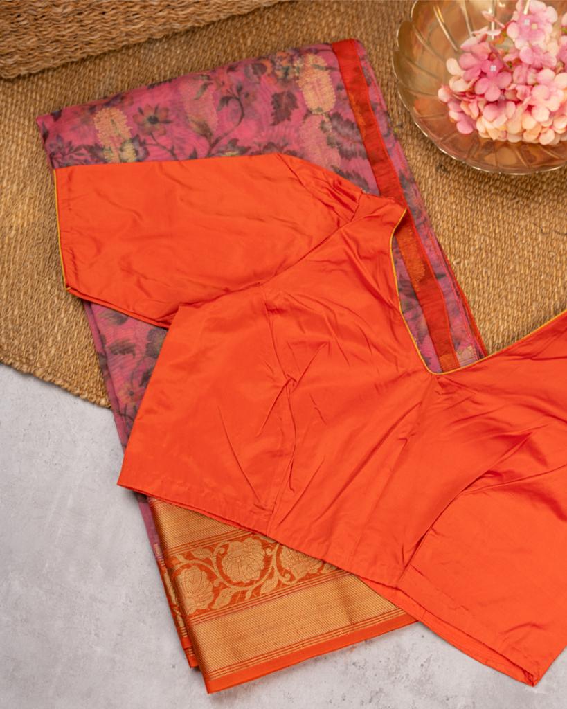 Digital Floral Prints on Pastel Peach Banarasi Kora Silk Saree with Orange Banarasi Borders & Orange Patten Blouse | Blouse Size 38-44” | Free Shipping