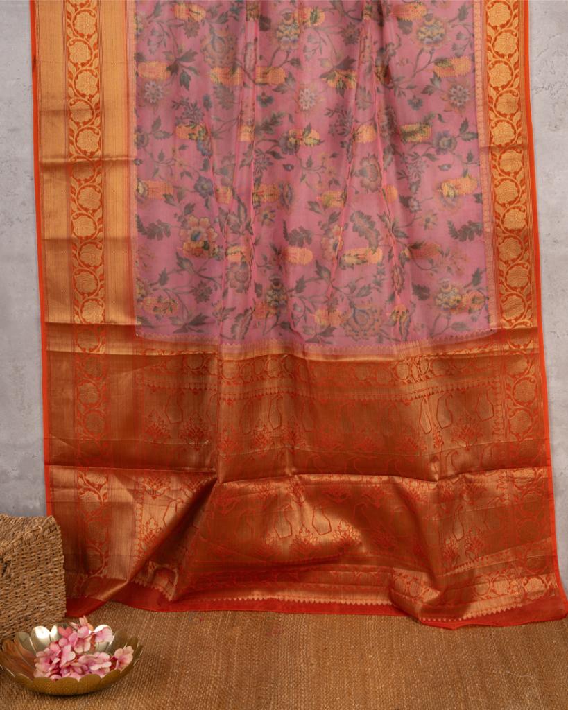 Digital Floral Prints on Pastel Peach Banarasi Kora Silk Saree with Orange Banarasi Borders & Orange Patten Blouse | Blouse Size 38-44” | Free Shipping