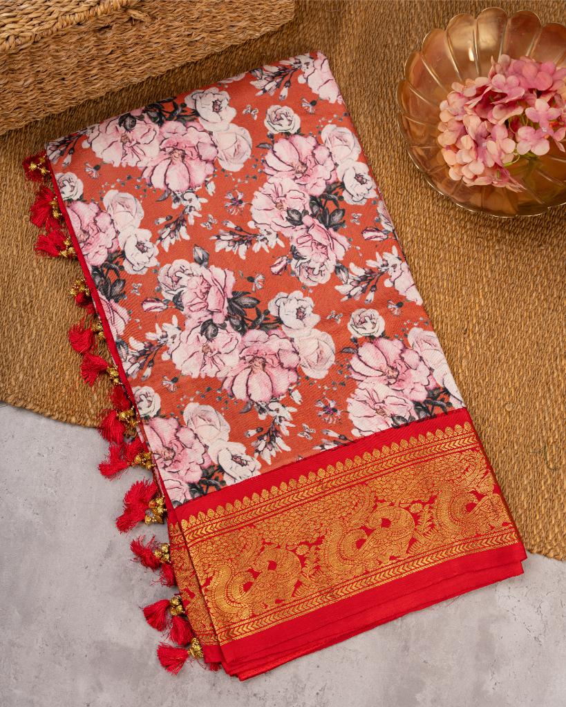Exclusive Designer Floral Prints on Peach Gadwal Silk Saree with Intricately Woven Peacock Borders in Red & Zardosi Embroidered Blouse | Blouse Size 38-44 | Free Shipping