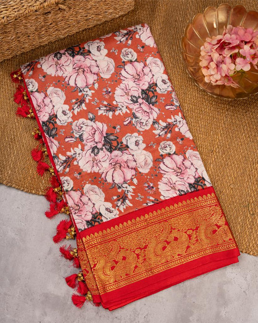 Exclusive Designer Floral Prints on Peach Gadwal Silk Saree with Intricately Woven Peacock Borders in Red & Zardosi Embroidered Blouse | Blouse Size 38-44 | Free Shipping