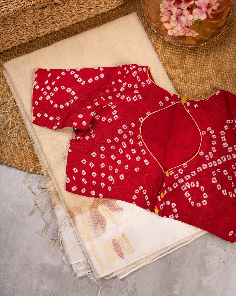 Exclusive Golden Tissue Organza Silk Saree with Copper & Golden Jamdhani woven Motifs over  the borders with Red Bandini Pattern Blouse | Blouse Size 38-44” | Free Shipping