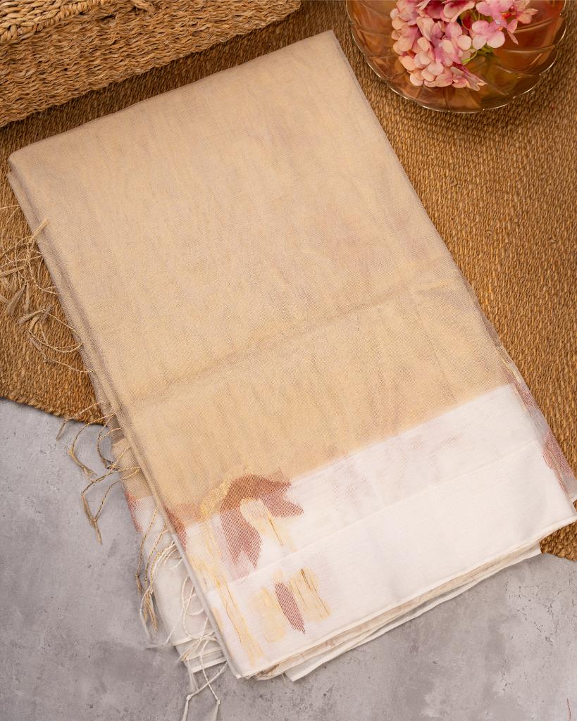 Exclusive Golden Tissue Organza Silk Saree with Copper & Golden Jamdhani woven Motifs over  the borders with Red Bandini Pattern Blouse | Blouse Size 38-44” | Free Shipping
