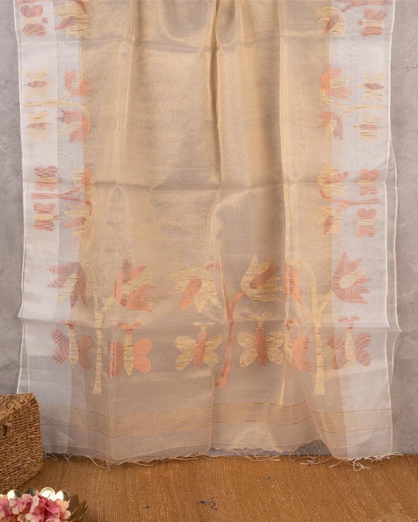 Exclusive Golden Tissue Organza Silk Saree with Copper & Golden Jamdhani woven Motifs over  the borders with Red Bandini Pattern Blouse | Blouse Size 38-44” | Free Shipping