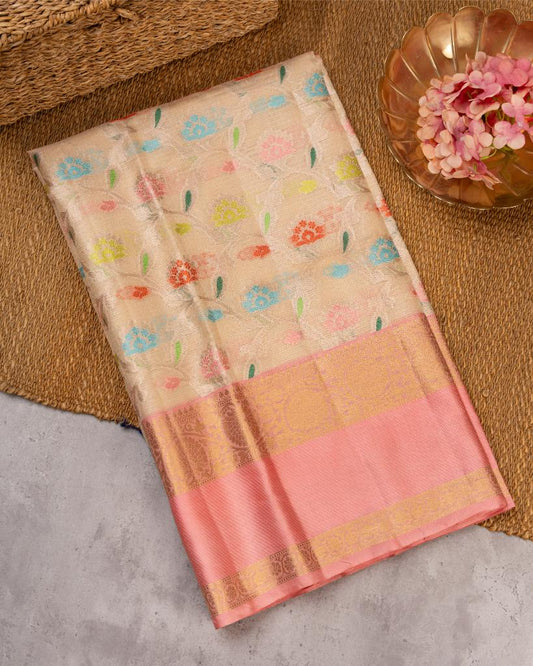 Exclusive Kota Silk In Off white with Tifli Floral Weaving and Peach Kanchipuram Inspired Borders with Peach Hand Embroidered Blouse | Blouse Size 38-44 | Free Shipping