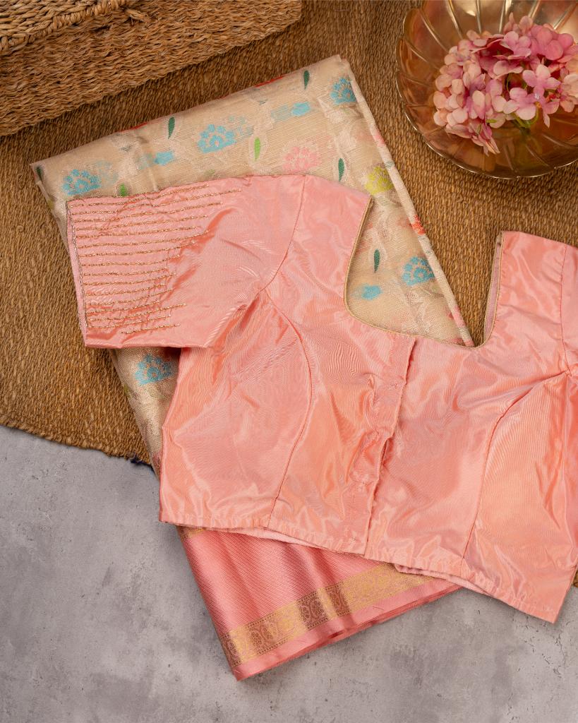 Exclusive Kota Silk In Off white with Tifli Floral Weaving and Peach Kanchipuram Inspired Borders with Peach Hand Embroidered Blouse | Blouse Size 38-44 | Free Shipping