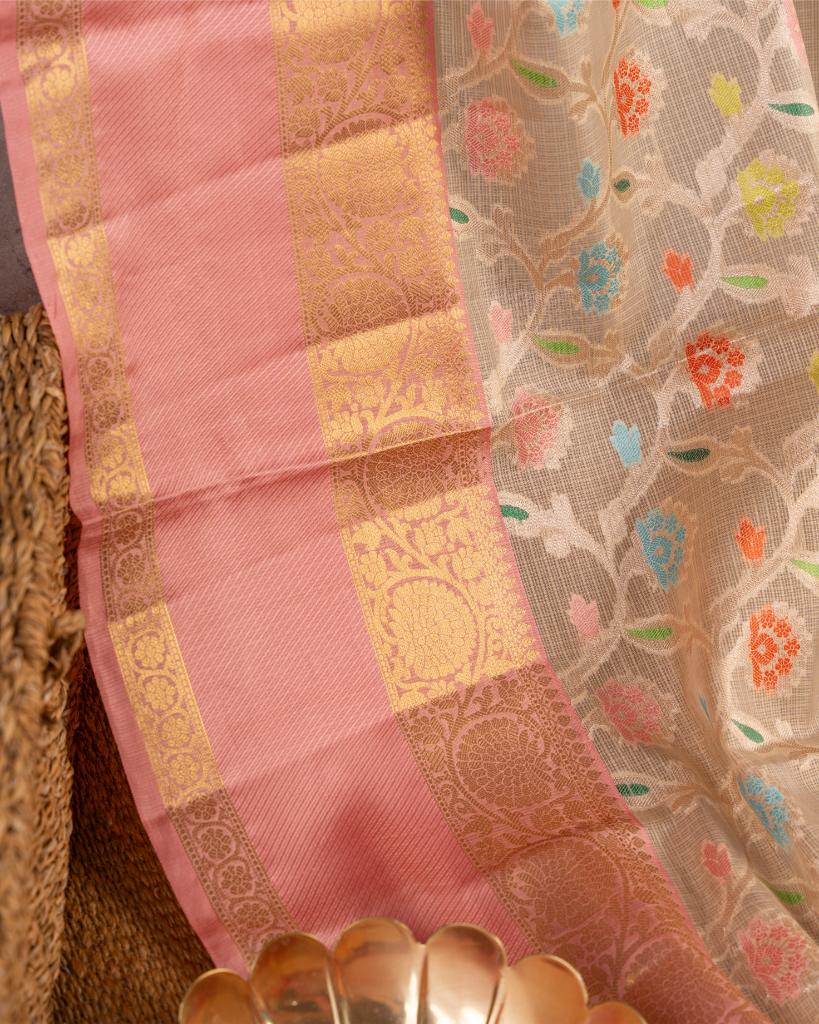 Exclusive Kota Silk In Off white with Tifli Floral Weaving and Peach Kanchipuram Inspired Borders with Peach Hand Embroidered Blouse | Blouse Size 38-44 | Free Shipping