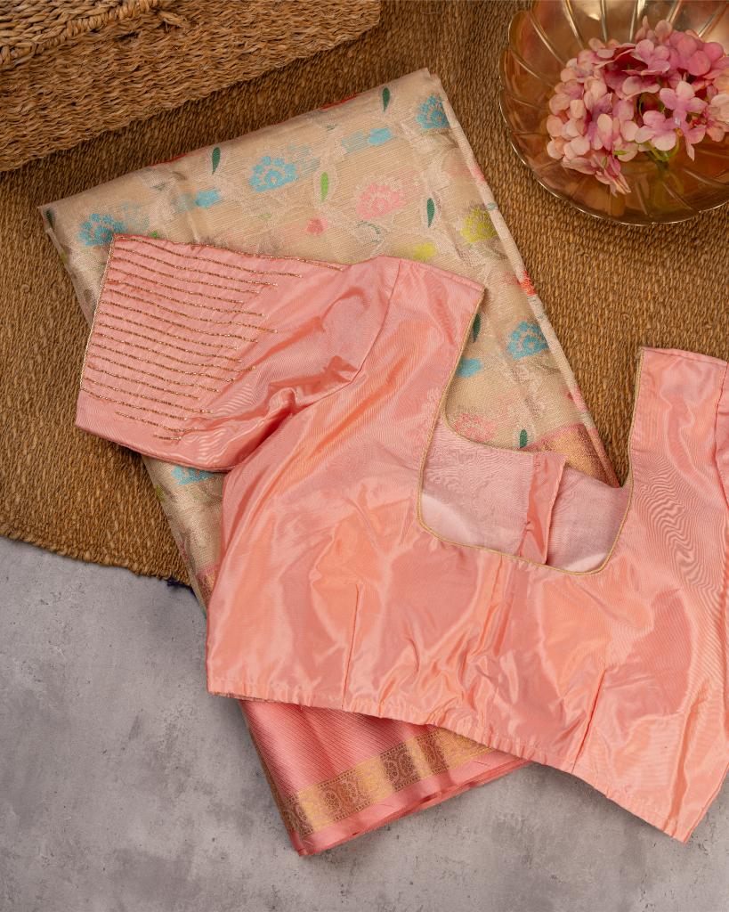 Exclusive Kota Silk In Off white with Tifli Floral Weaving and Peach Kanchipuram Inspired Borders with Peach Hand Embroidered Blouse | Blouse Size 38-44 | Free Shipping