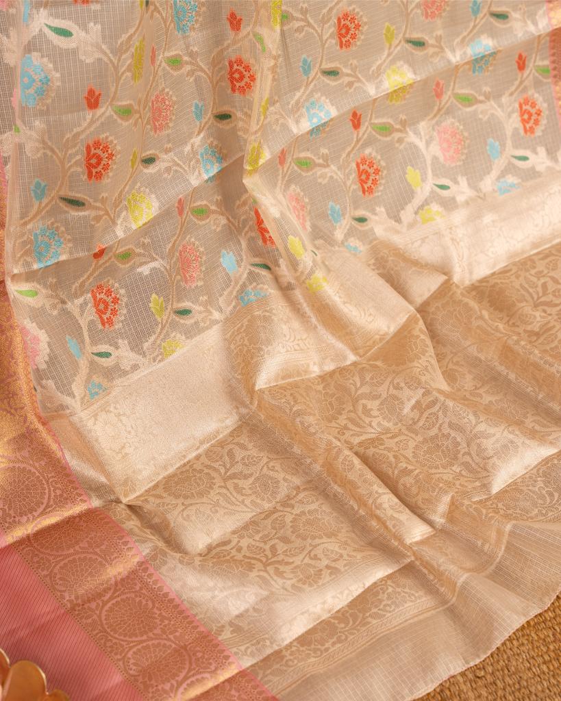 Exclusive Kota Silk In Off white with Tifli Floral Weaving and Peach Kanchipuram Inspired Borders with Peach Hand Embroidered Blouse | Blouse Size 38-44 | Free Shipping