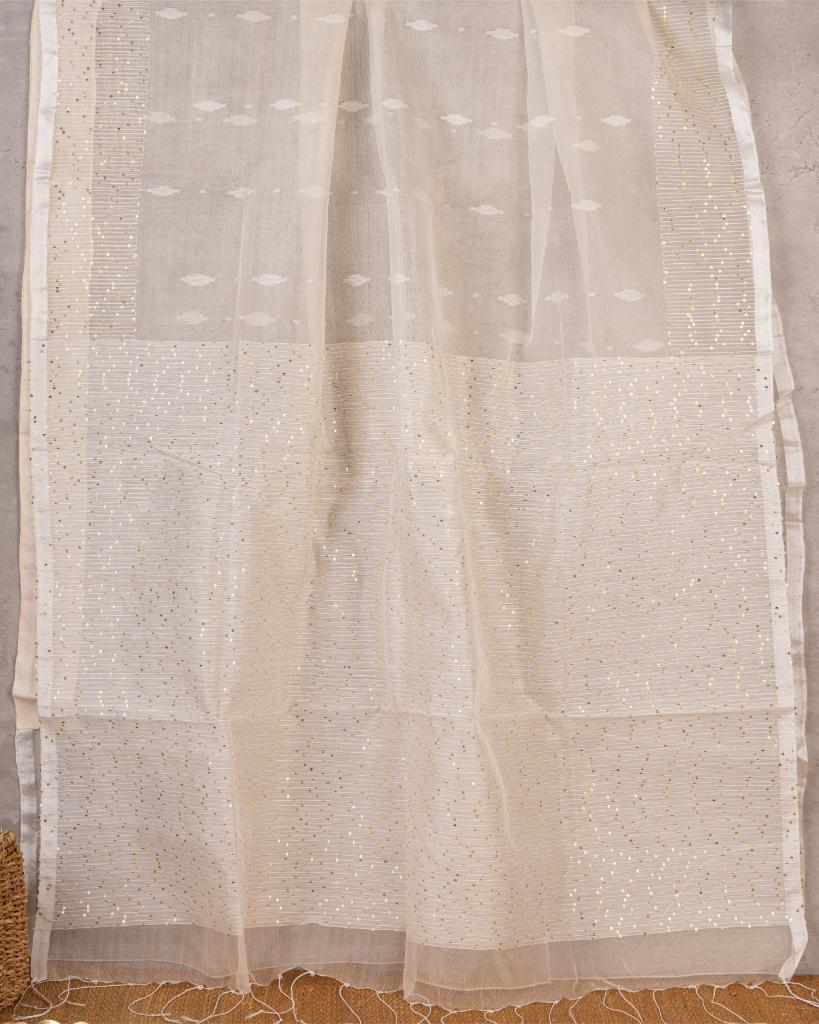 Exclusive Off white Organza Silk Saree with  Thread & Sequence work borders with Red Kalamkari Print Pattern Blouse | Blouse Size 38-44” | Free Shipping