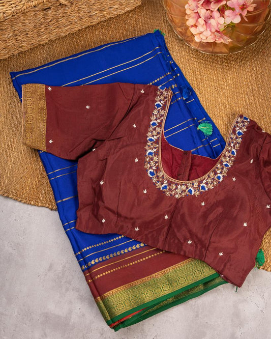 Exclusive Pure Mysore Silk Saree in 3 color Dye with Horizontal Golden Zari Stripes & Hand Embroidered Maroon Blouse | Blouse Size 38-44” | Free Shipping