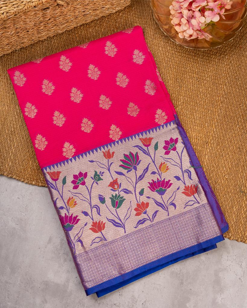 Fuscia Kota Semi Silk with Blue Paithani Brocade Borders & Blue Patterened Banarasi Brocade Blouse | Blouse Size 38-44” | Free Shipping