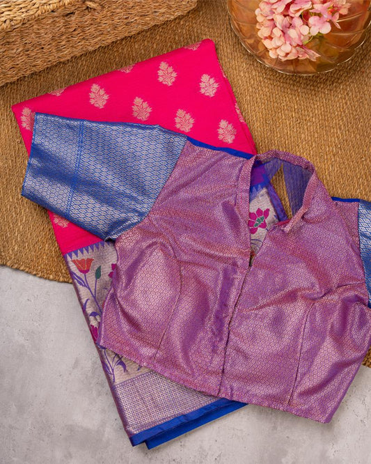 Fuscia Kota Semi Silk with Blue Paithani Brocade Borders & Blue Patterened Banarasi Brocade Blouse | Blouse Size 38-44” | Free Shipping