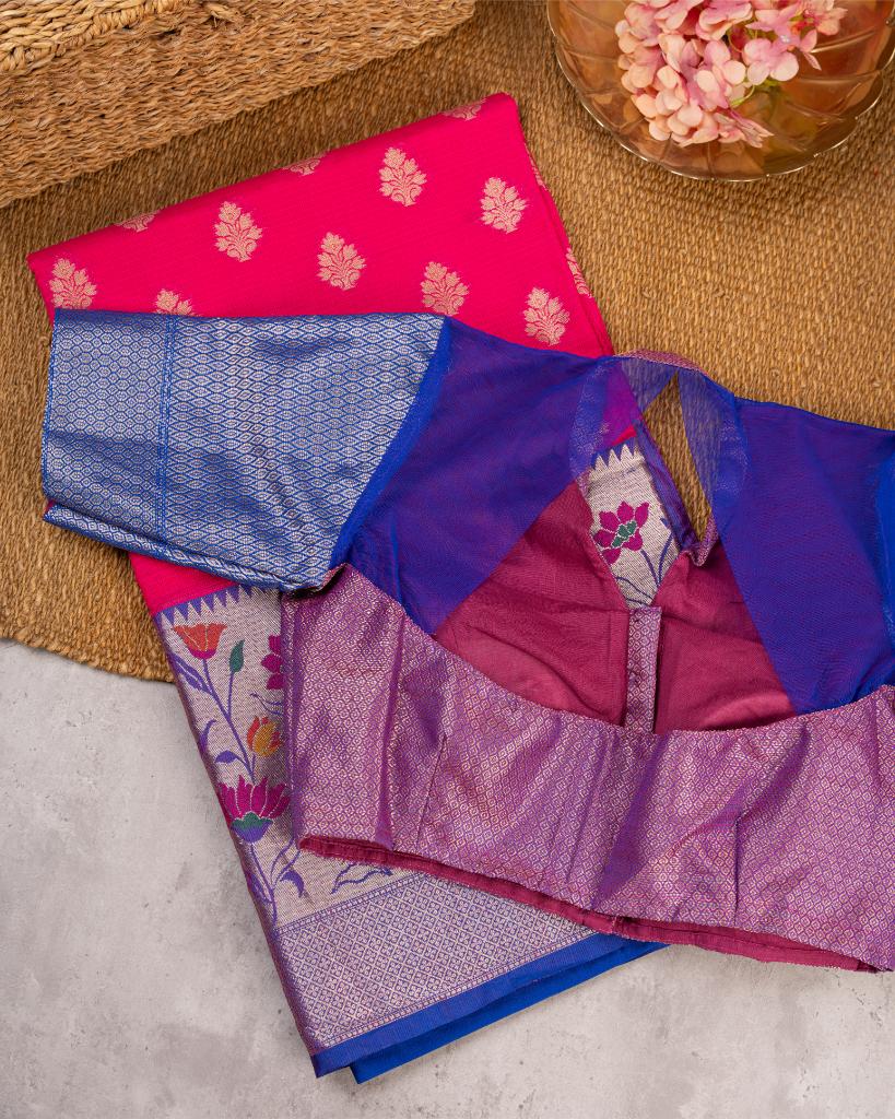 Fuscia Kota Semi Silk with Blue Paithani Brocade Borders & Blue Patterened Banarasi Brocade Blouse | Blouse Size 38-44” | Free Shipping