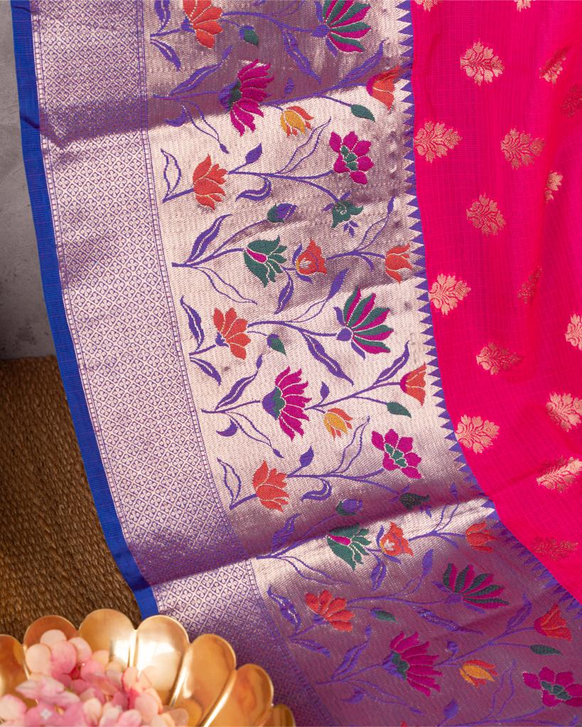 Fuscia Kota Semi Silk with Blue Paithani Brocade Borders & Blue Patterened Banarasi Brocade Blouse | Blouse Size 38-44” | Free Shipping