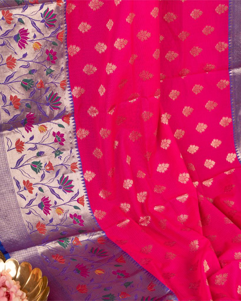 Fuscia Kota Semi Silk with Blue Paithani Brocade Borders & Blue Patterened Banarasi Brocade Blouse | Blouse Size 38-44” | Free Shipping