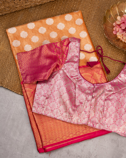 Golden Banarasi Tissue Kora with Pink Kaduwa Borders & Pink Banarasi Blouse  | Blouse Size 38-44” | Free Shipping