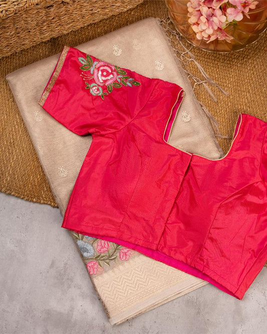 Golden Silk Kota Saree with Floral Emrboidered Borders with Red Hand Embroidered Blouse | Blouse Size 38-44” | Free Shipping