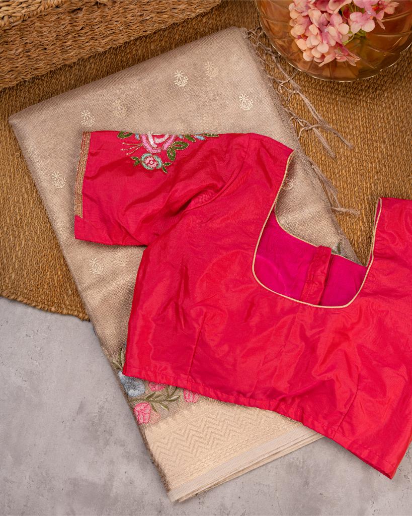 Golden Silk Kota Saree with Floral Emrboidered Borders with Red Hand Embroidered Blouse | Blouse Size 38-44” | Free Shipping
